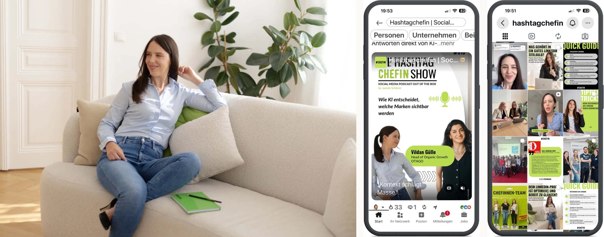 Jasmin Schierer von Hashtagchefin: grüne Markenfarbe im Shooting, auf LinkedIn und im Instagram-Feed