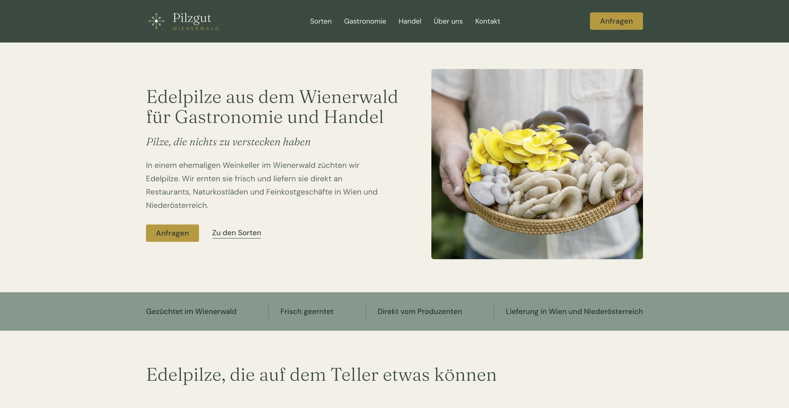 Startseite von Pilzgut Wienerwald in der Desktop-Ansicht