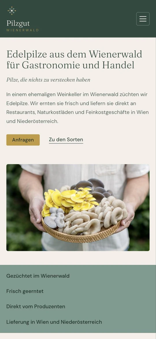Startseite von Pilzgut Wienerwald in der Mobil-Ansicht